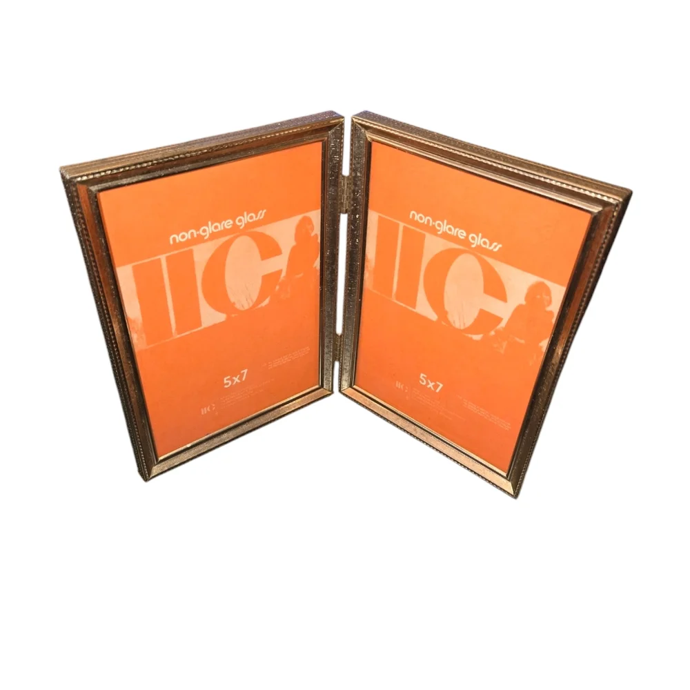 Vintage Brass & Non-Glare Glass Hinged Bi-Fold Dual 5X7 Photo Frames 10